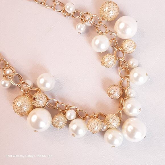 Statement Choker Necklace Gold Tone Double Chain Links Multi Size Pearly Beads - Picture 2 of 12